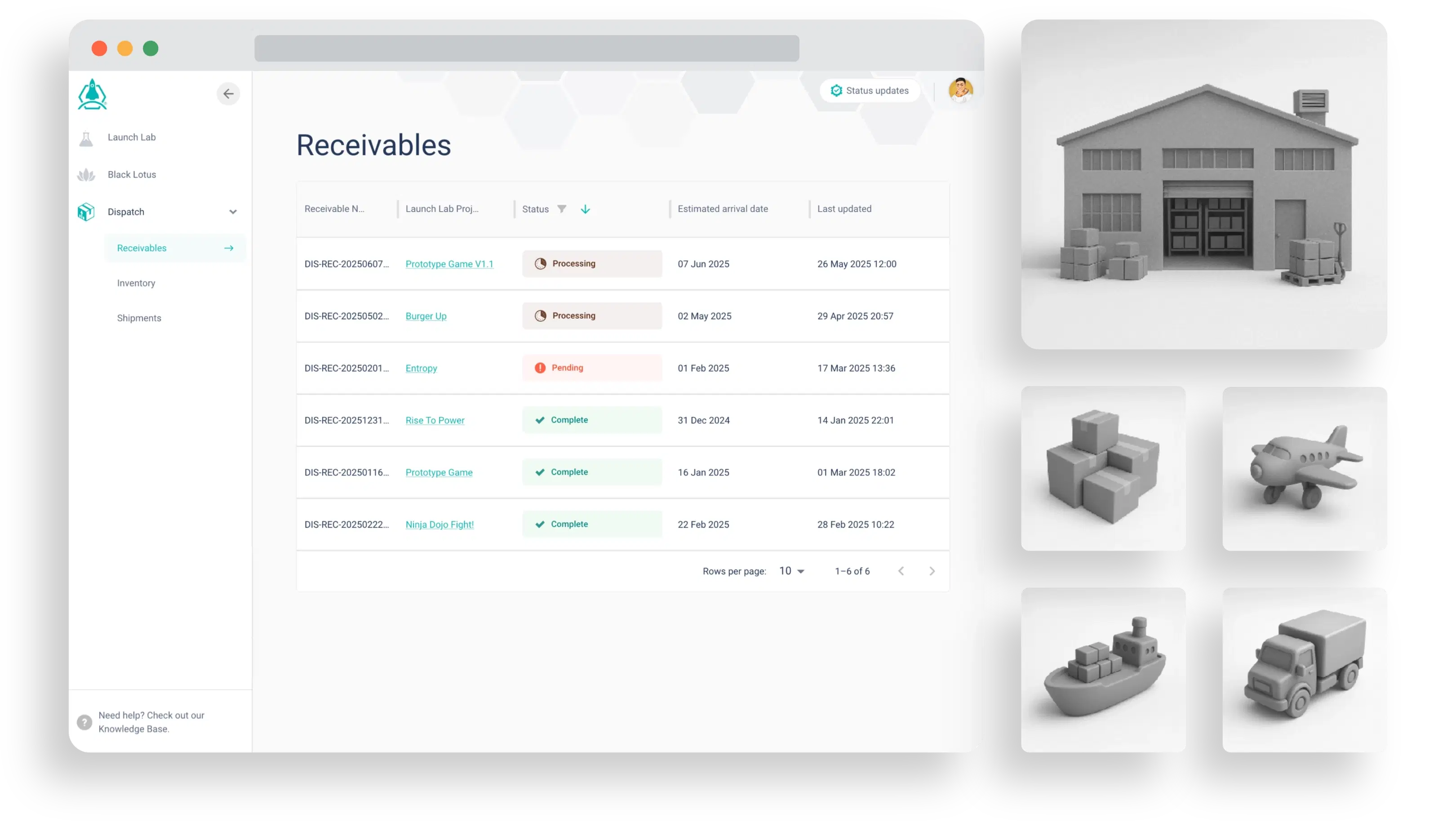 A series of images including a screenshot of Launch Tabletop's Dispatch module as well as a number of fulfilment components.