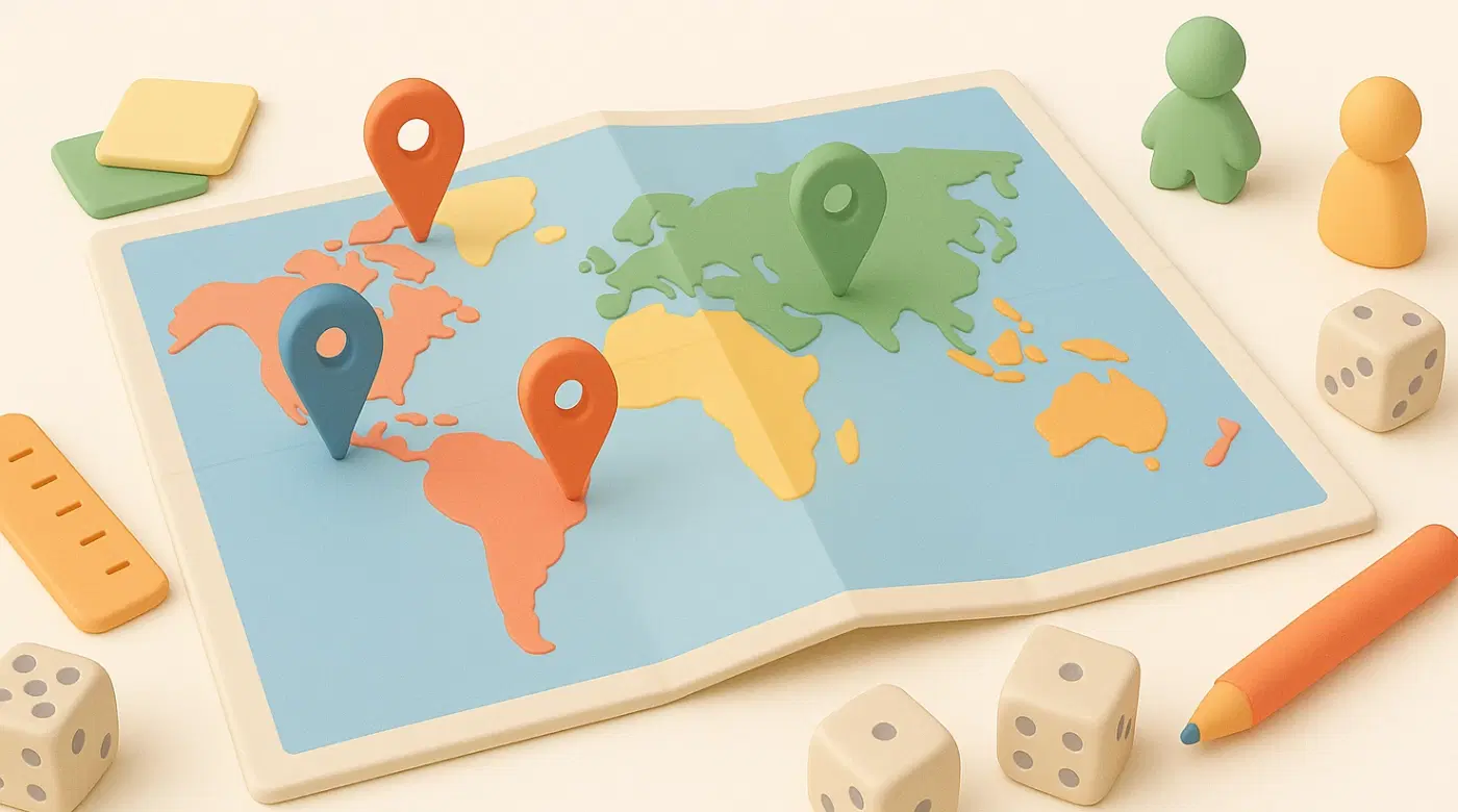 A cartoon image of board game components around a map with location markers on various available Dispatch locations.