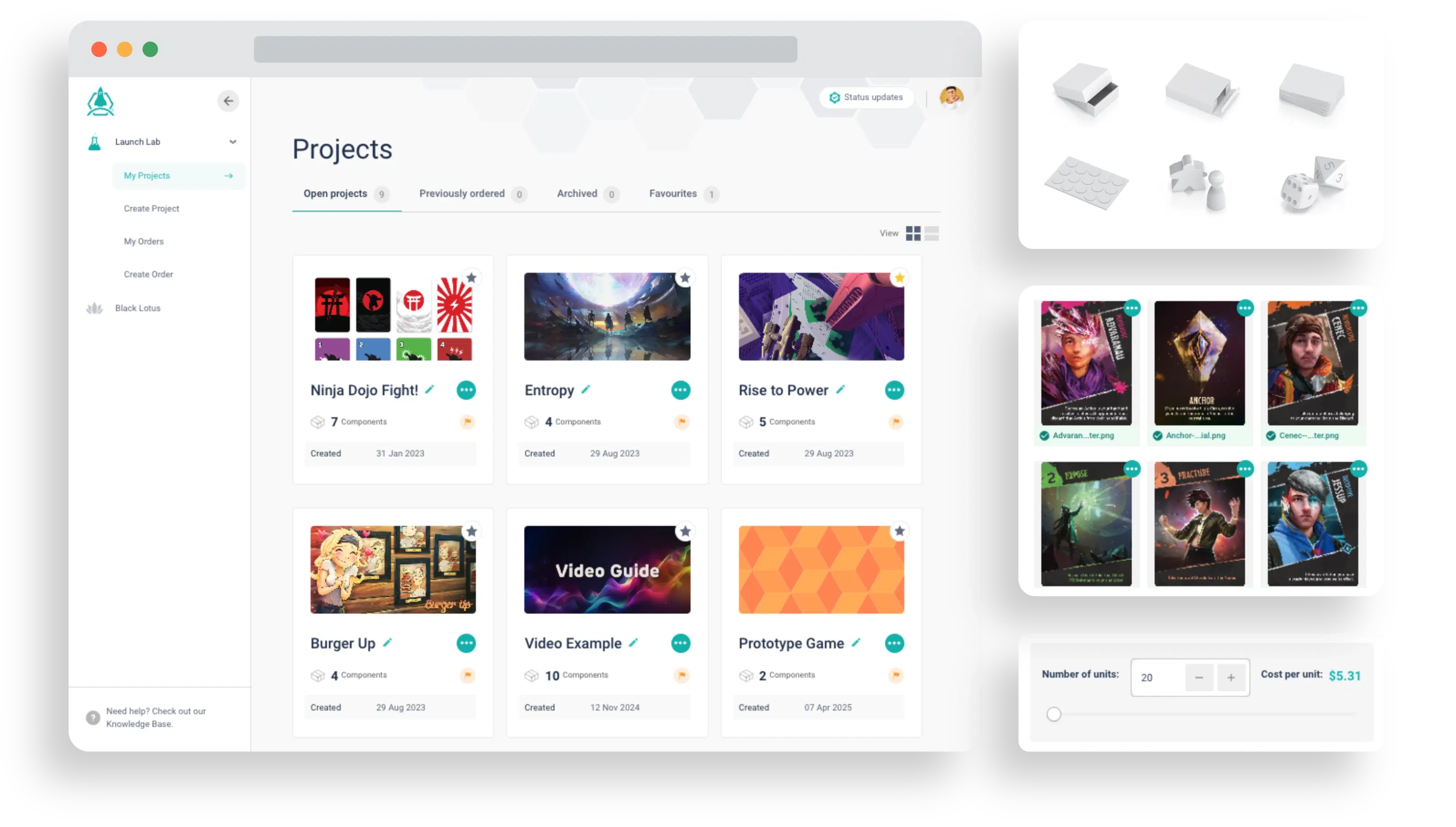 Launch Lab app screen surrounded by retail-quality custom-made tabletop and board game components.